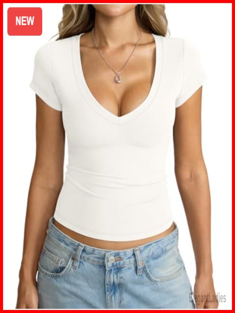 EasyGala Womens Deep V Neck Short Sleeve Slim Fitted Crop Top